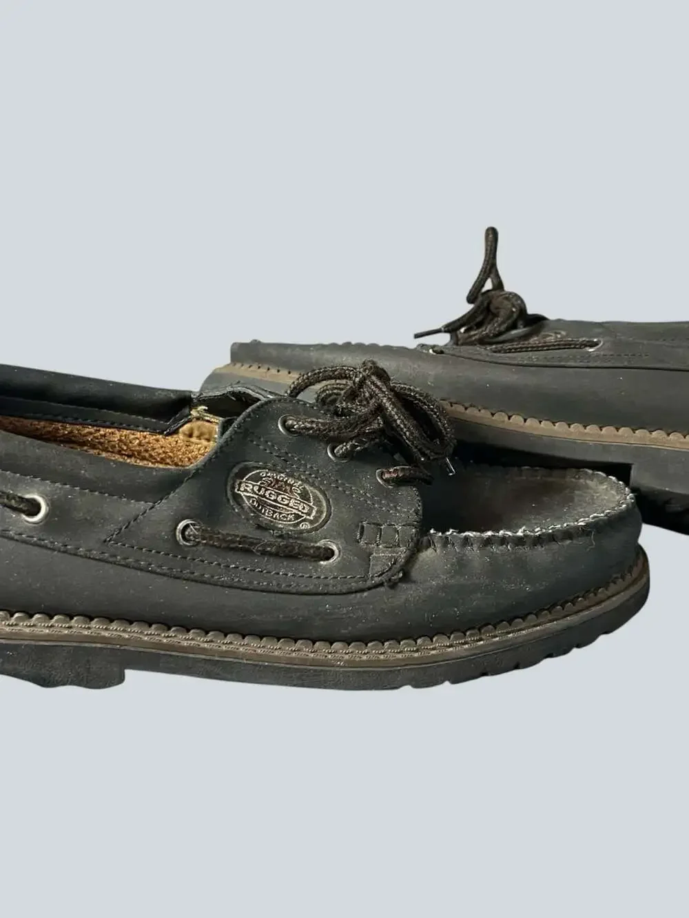 Original Rugged Outback Black Faux Leather Moc Toe Boat Shoes